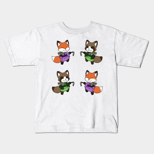 Kitsune and Tanuki Noodles Kids T-Shirt by Firestorm Fox